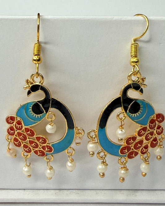 Blue Maroon Peacock Meenakari Earrings with Pearl Drops