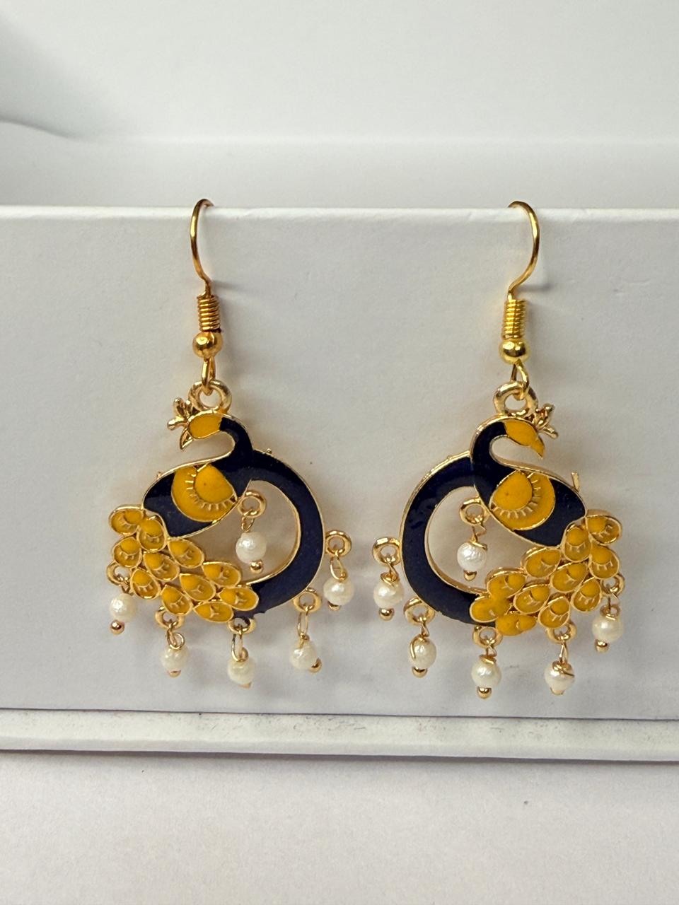 Navy Yellow Peacock Meenakari Earrings with Pearl Drops