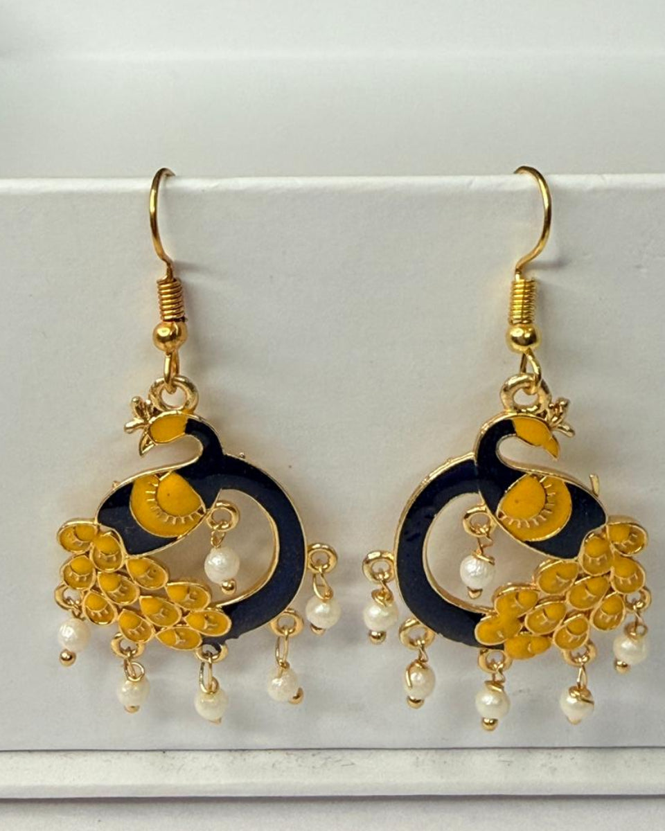 Navy Yellow Peacock Meenakari Earrings with Pearl Drops