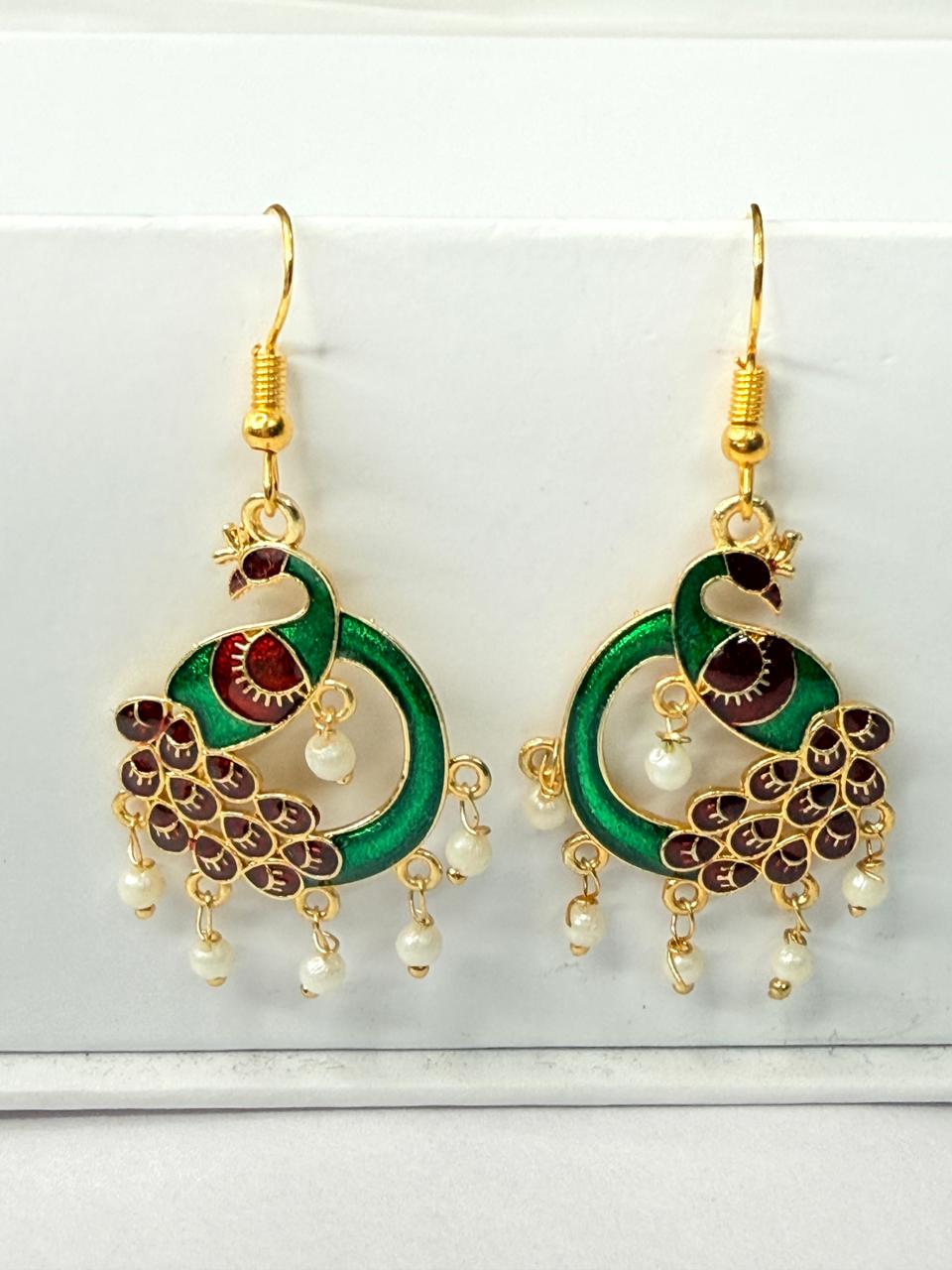 Green Peacock Meenakari Earrings with Maroon Enamel and Pearl Drops