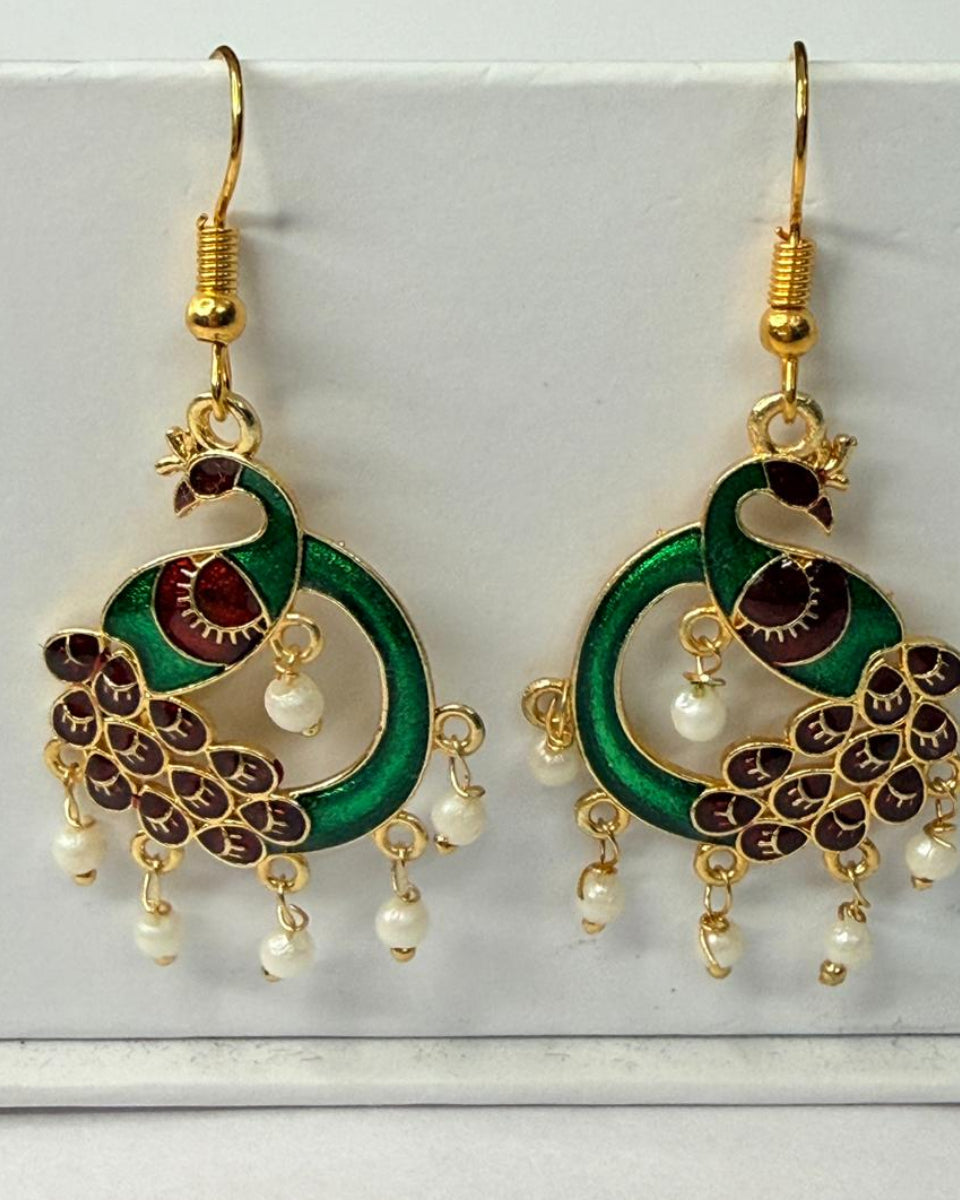 Green Peacock Meenakari Earrings with Maroon Enamel and Pearl Drops