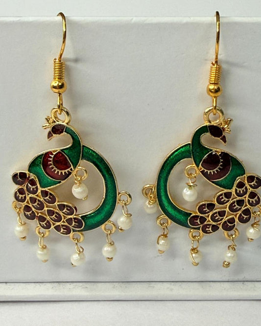 Green Peacock Meenakari Earrings with Maroon Enamel and Pearl Drops