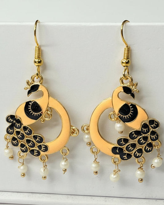 Peach Peacock Meenakari Earrings with Black Enamel and Pearl Drops