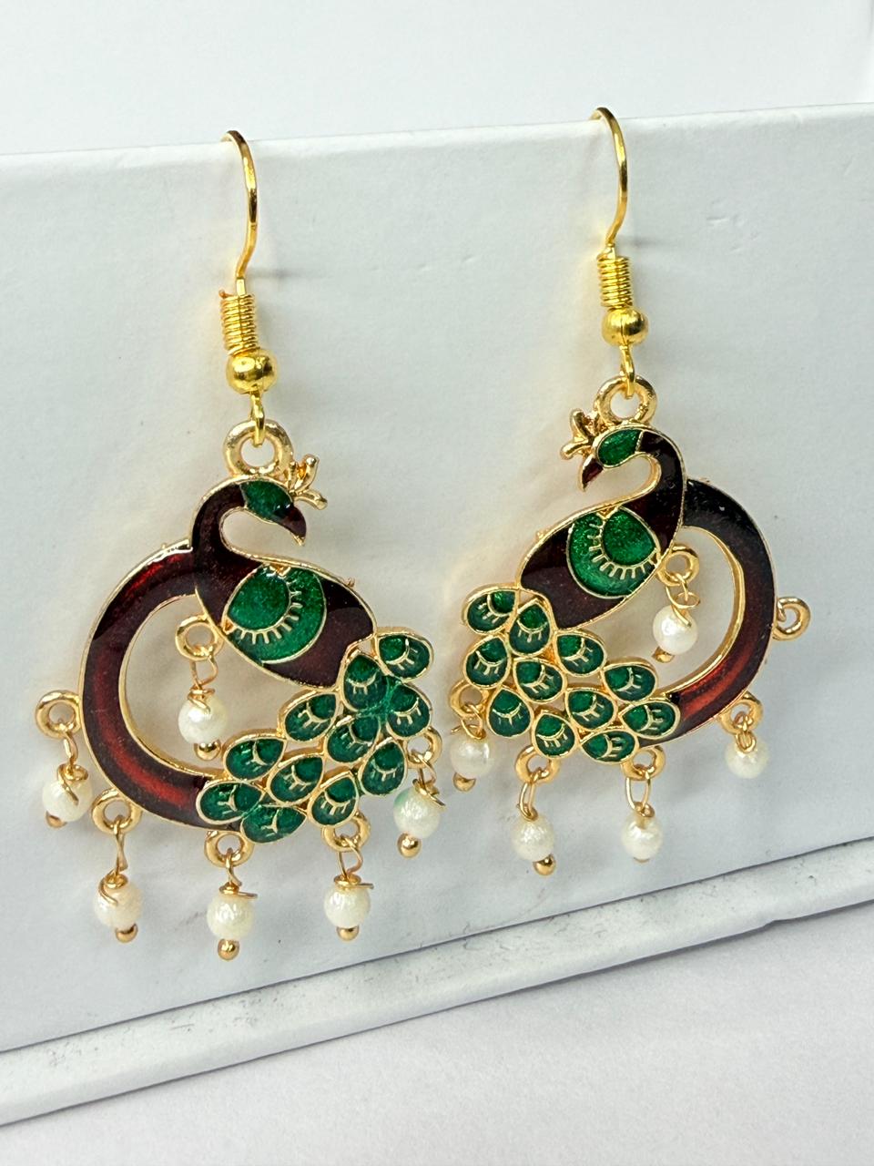 Peacock Meenakari Earrings with Green Enamel and Pearl Drops