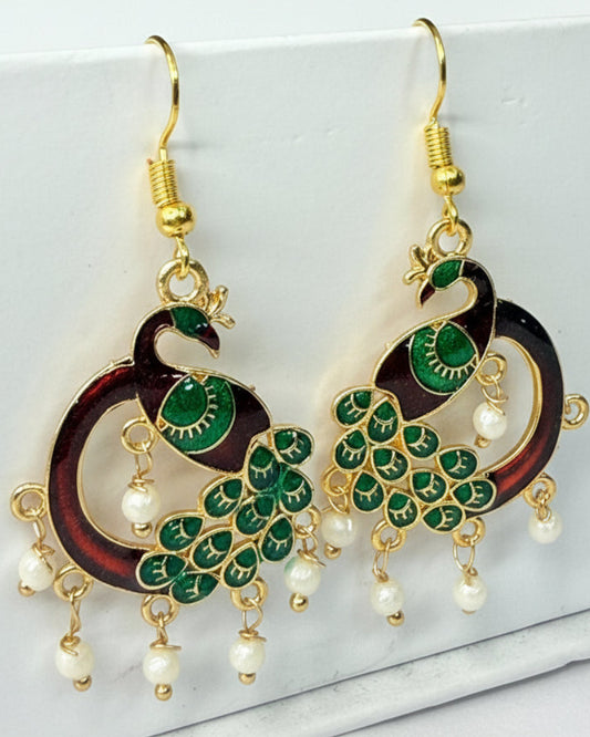 Peacock Meenakari Earrings with Green Enamel and Pearl Drops