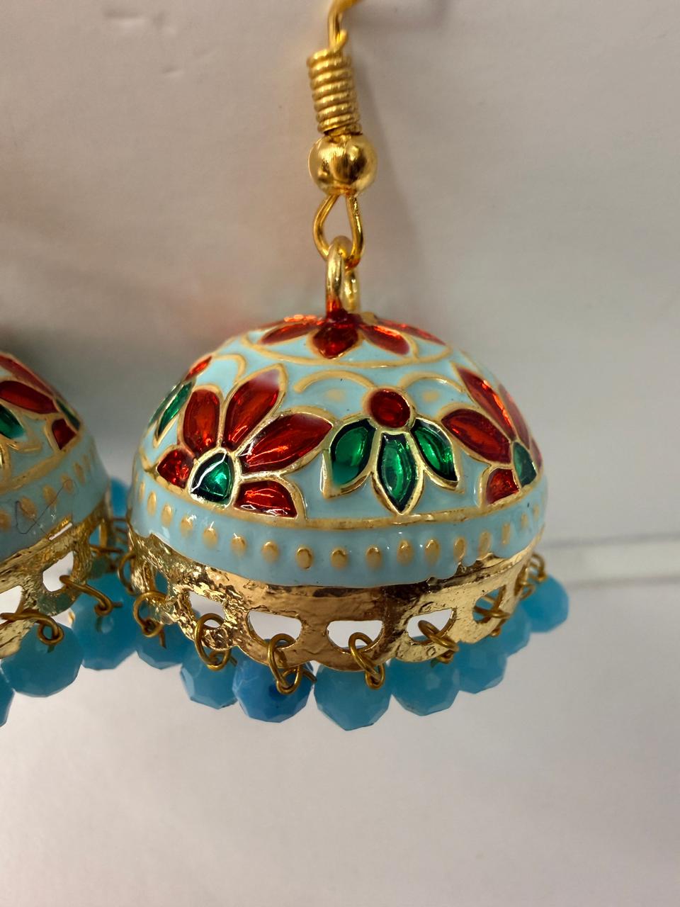 Turquoise Meenakari Jhumka Earrings with Floral Enamel and Bead Drops