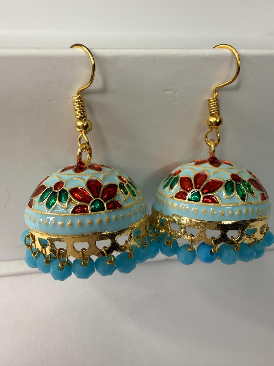 Turquoise Meenakari Jhumka Earrings with Floral Enamel and Bead Drops