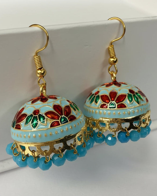 Turquoise Meenakari Jhumka Earrings with Floral Enamel and Bead Drops