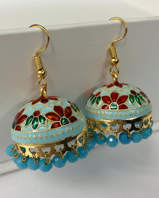 Turquoise Meenakari Jhumka Earrings with Floral Enamel and Bead Drops