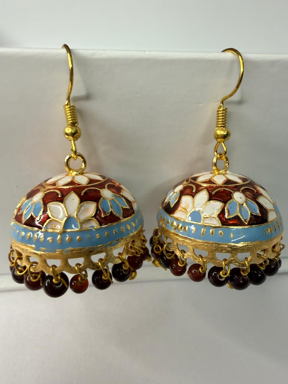 Multicolor Floral Meenakari Jhumka Earrings with Bead Drops