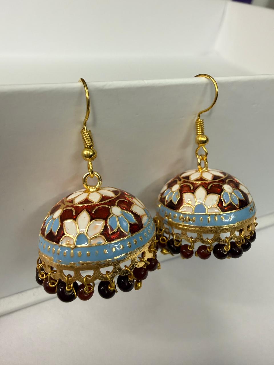 Multicolor Floral Meenakari Jhumka Earrings with Bead Drops