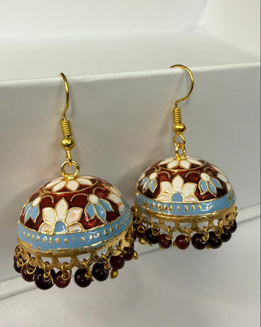 Multicolor Floral Meenakari Jhumka Earrings with Bead Drops