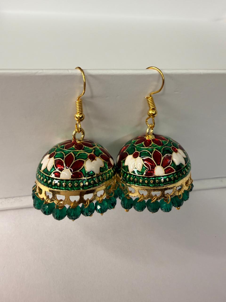 Green and Maroon Meenakari Jhumka Earrings with Bead Drops