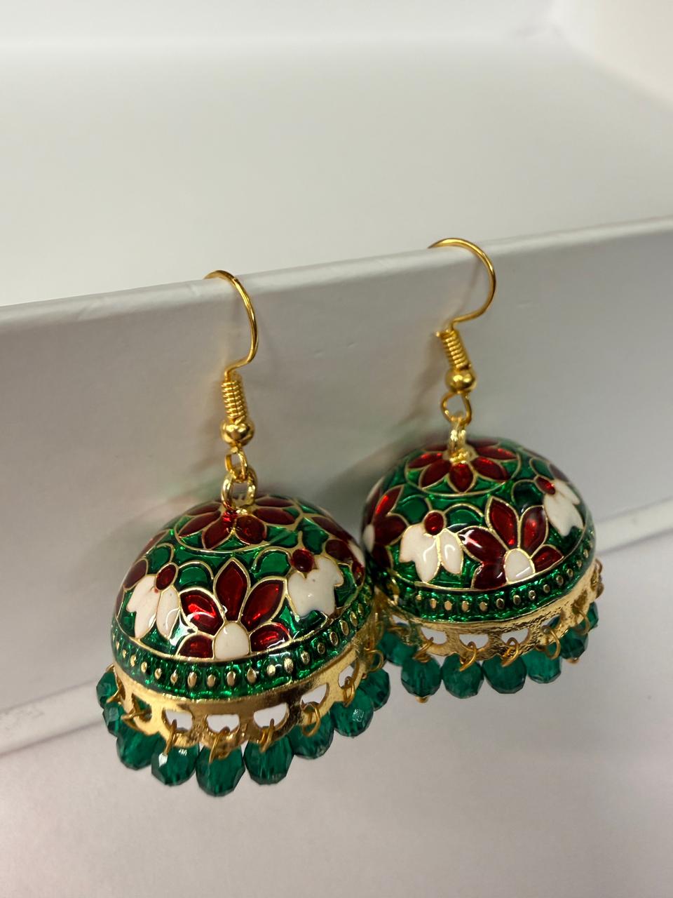 Green and Maroon Meenakari Jhumka Earrings with Bead Drops