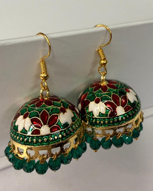 Green and Maroon Meenakari Jhumka Earrings with Bead Drops
