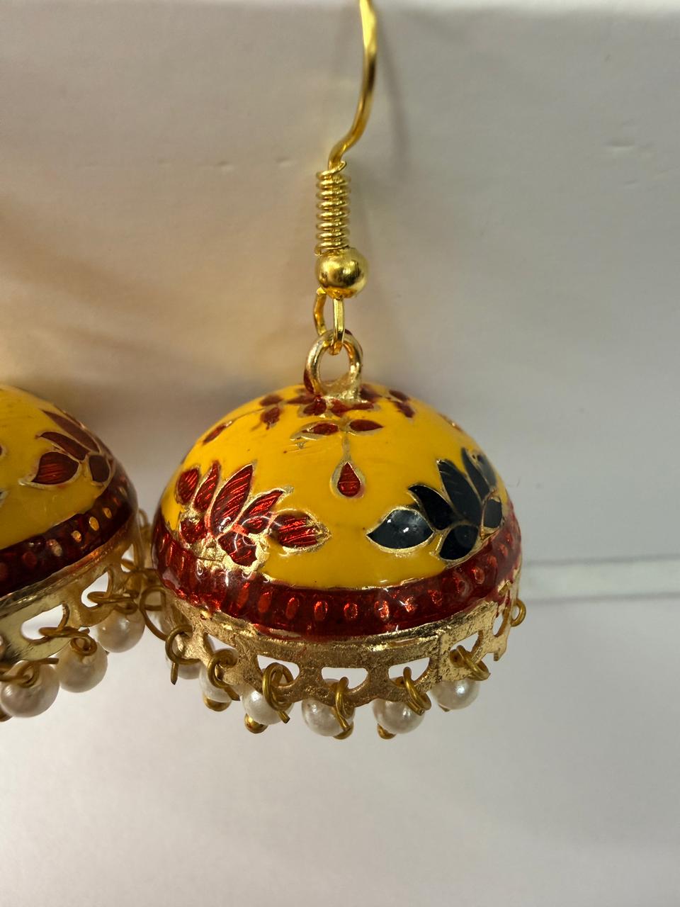 Yellow Meenakari Jhumka Earrings with Pearl Drops