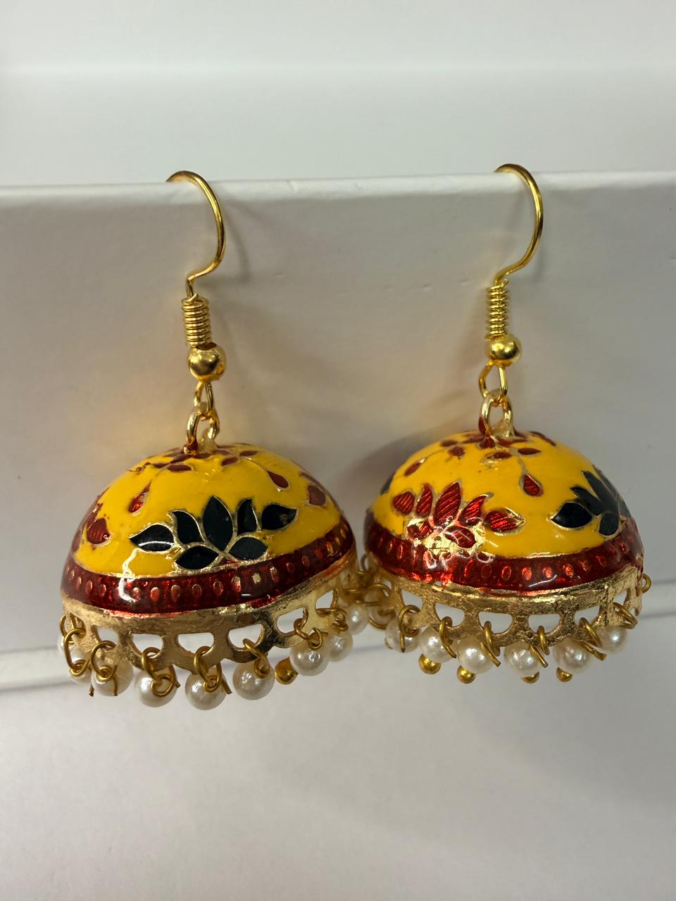 Yellow Meenakari Jhumka Earrings with Pearl Drops