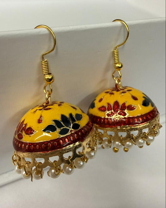 Yellow Meenakari Jhumka Earrings with Pearl Drops