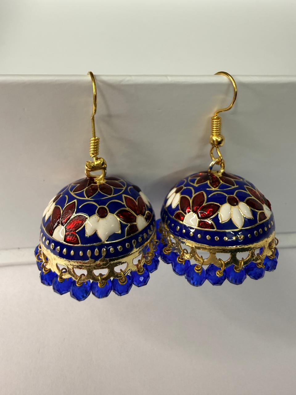 Blue Meenakari Jhumka Earrings with Floral Design