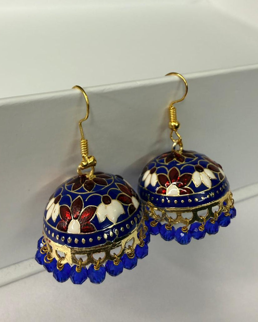 Blue Meenakari Jhumka Earrings with Floral Design