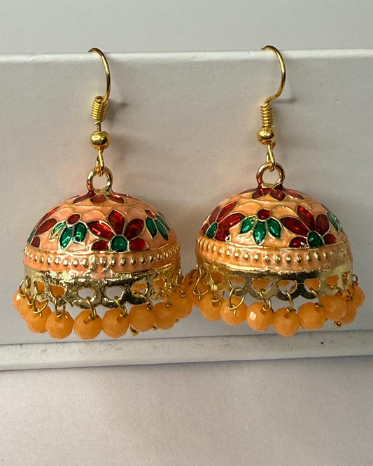 Peach Meenakari Jhumka Earrings with Floral Design