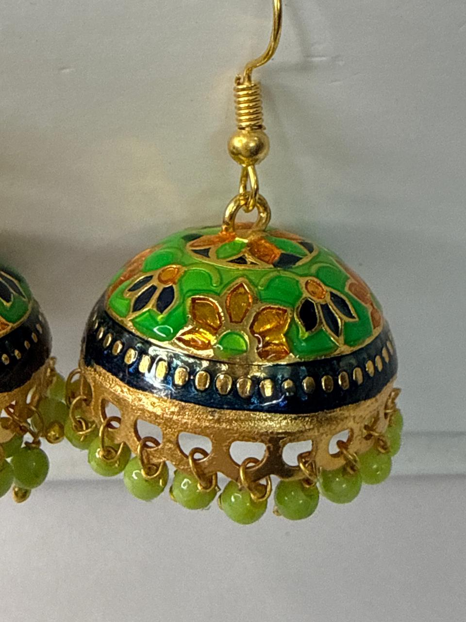 Green Meenakari Jhumka Earrings with Beads