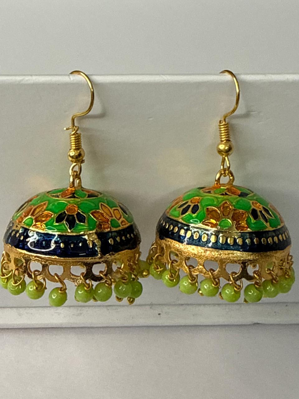 Green Meenakari Jhumka Earrings with Beads