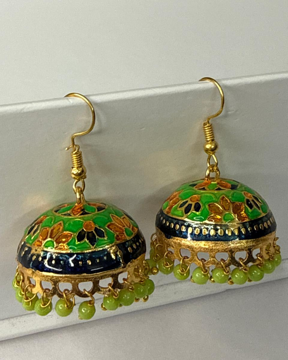 Green Meenakari Jhumka Earrings with Beads