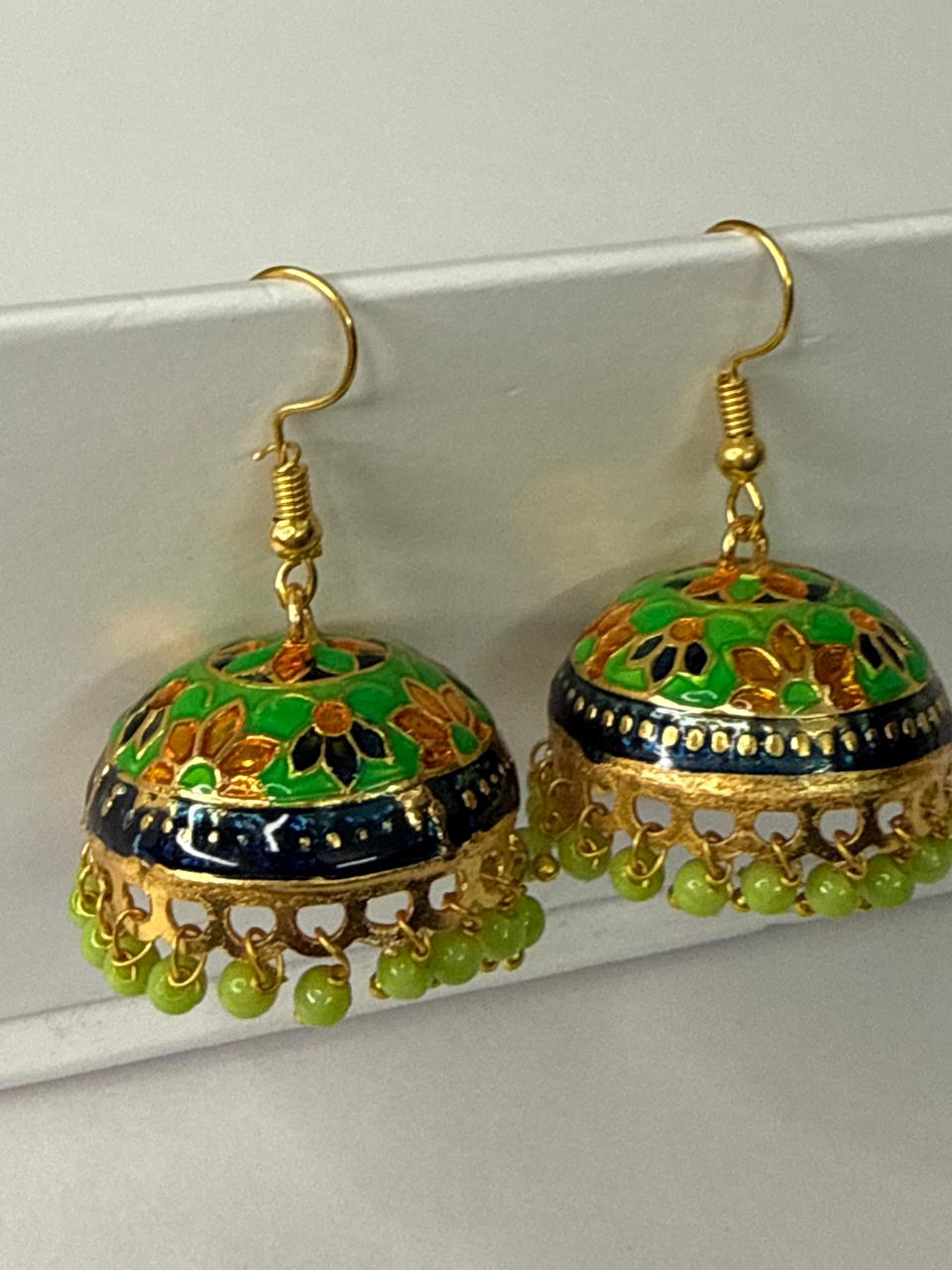 Green Meenakari Jhumka Earrings with Beads