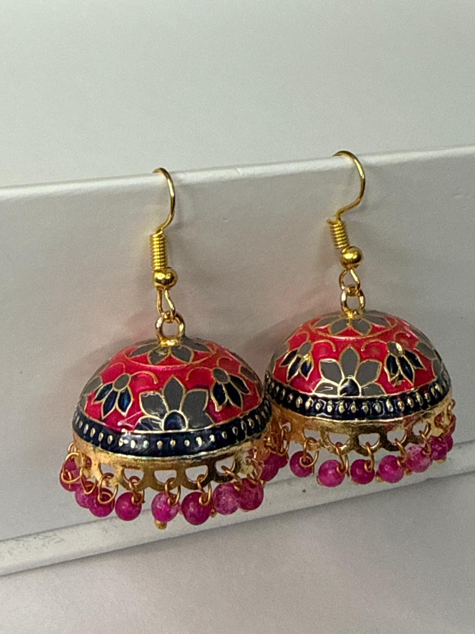 Pink Meenakari Jhumka Earrings with Ruby Beads