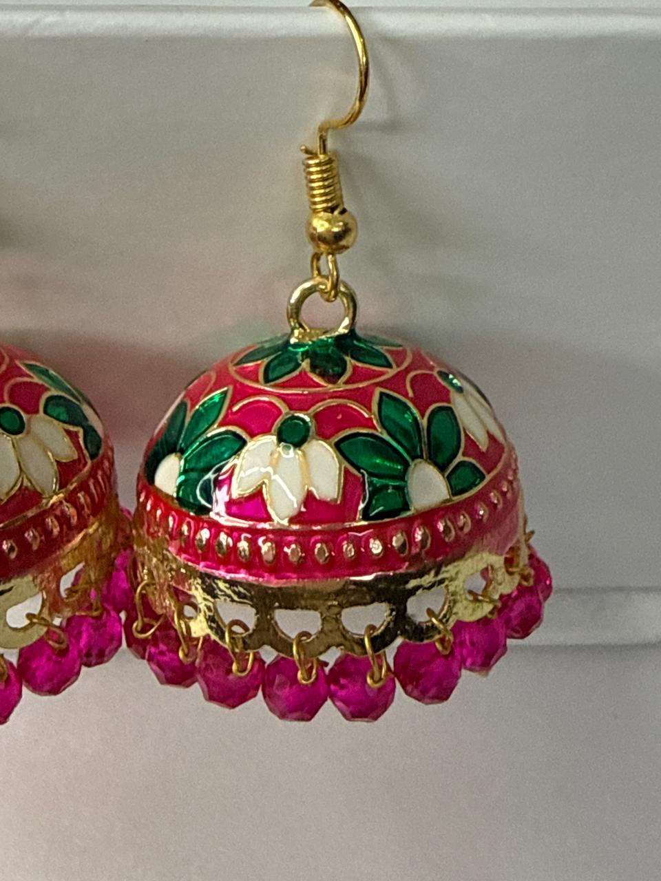 Red Green Meenakari Jhumka Earrings with Magenta Beads