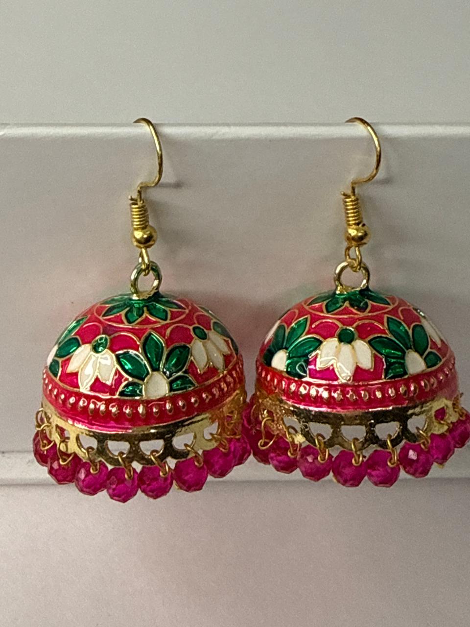 Red Green Meenakari Jhumka Earrings with Magenta Beads