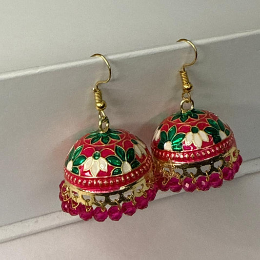 Red Green Meenakari Jhumka Earrings with Magenta Beads