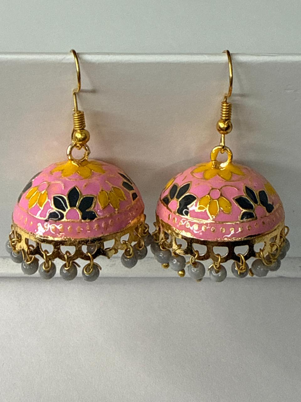 Pink Yellow Meenakari Jhumka Earrings with Grey Beads