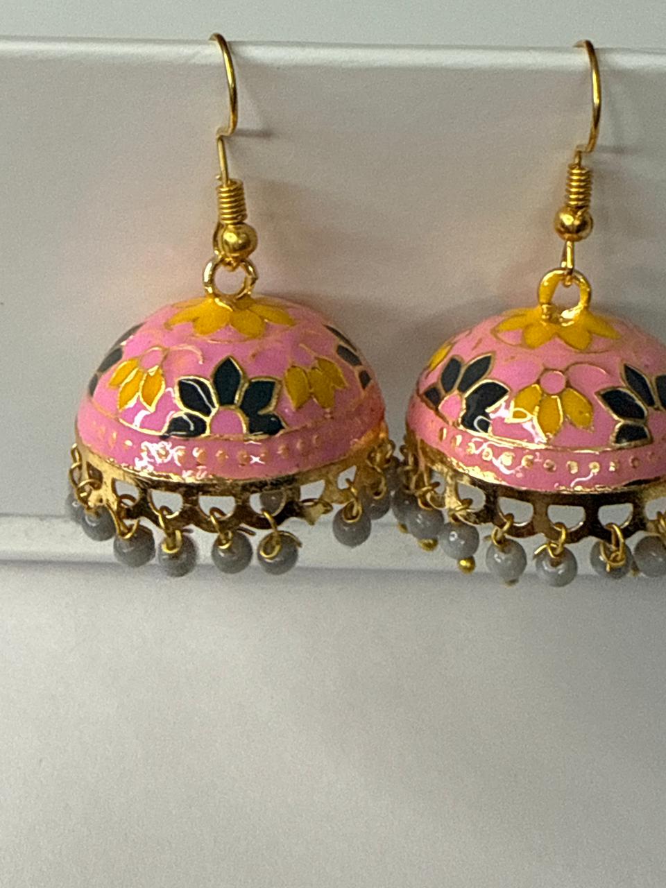 Pink Yellow Meenakari Jhumka Earrings with Grey Beads