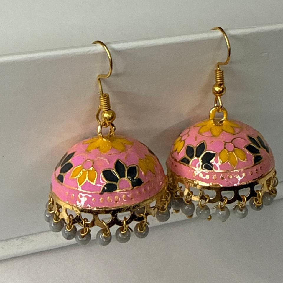 Pink Yellow Meenakari Jhumka Earrings with Grey Beads