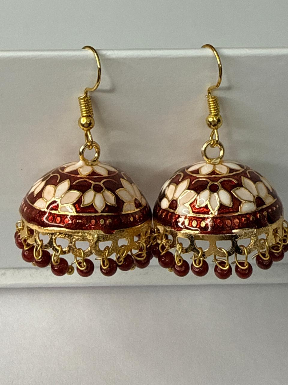 Maroon White Meenakari Jhumka Earrings