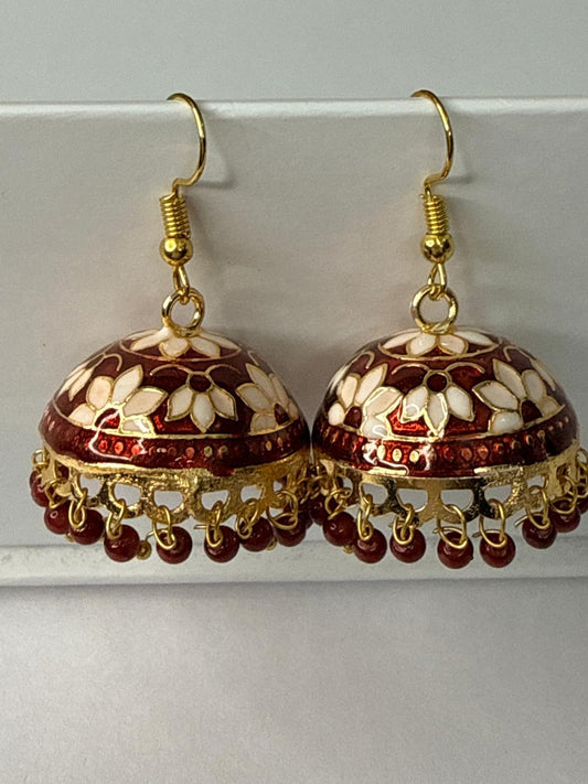 Maroon White Meenakari Jhumka Earrings