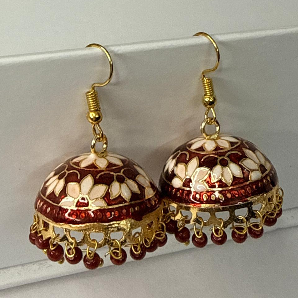 Maroon White Meenakari Jhumka Earrings