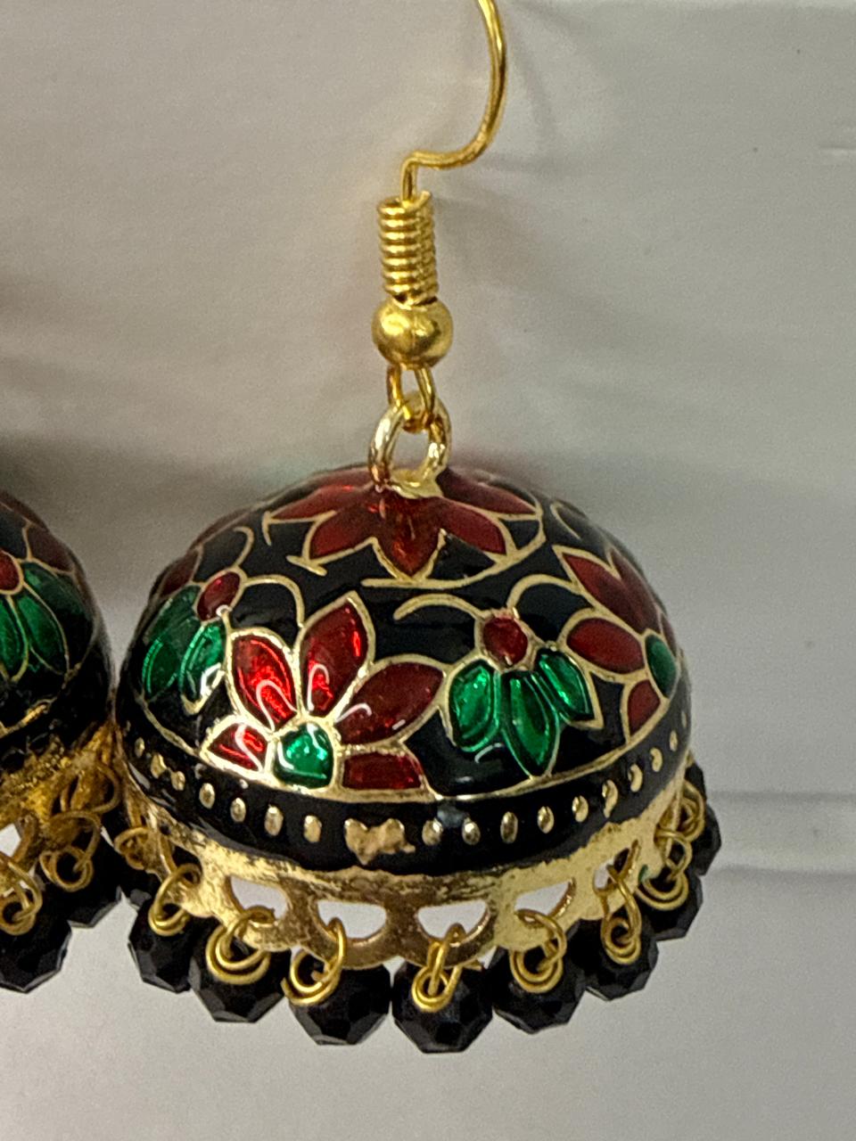 Black Meenakari Jhumka Earrings with Floral Design