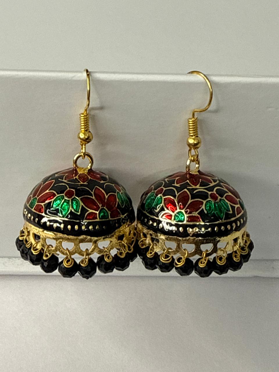 Black Meenakari Jhumka Earrings with Floral Design