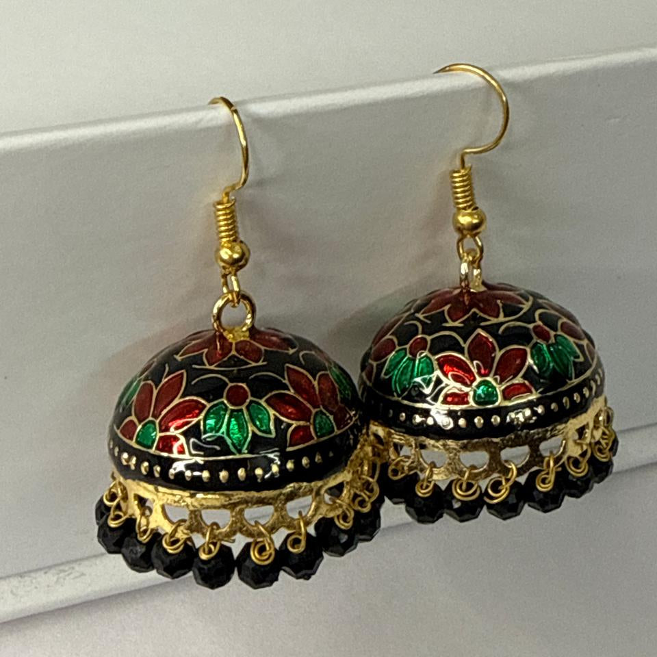 Black Meenakari Jhumka Earrings with Floral Design