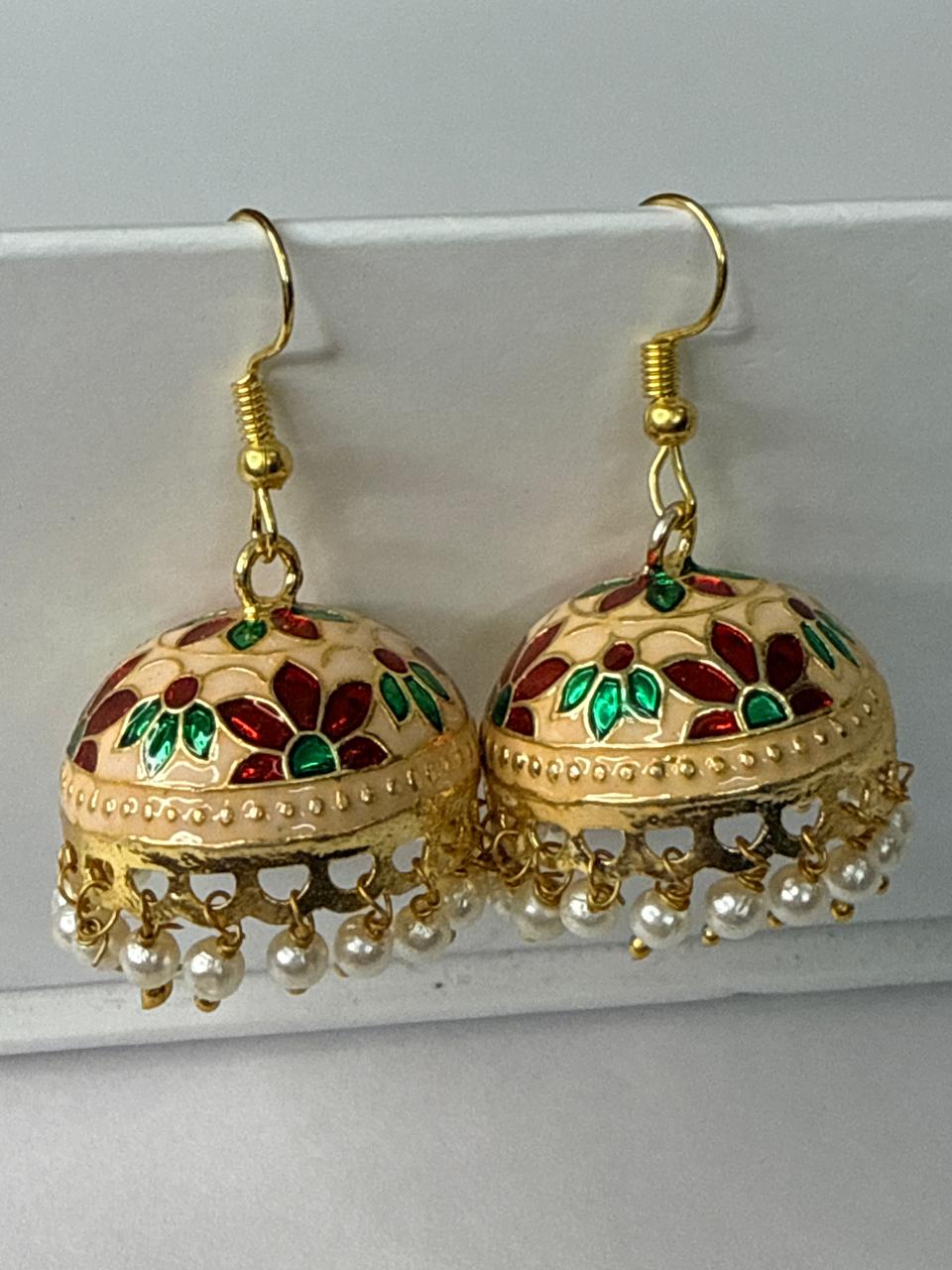 Gold Meenakari Jhumka Earrings with Pearl Dangles