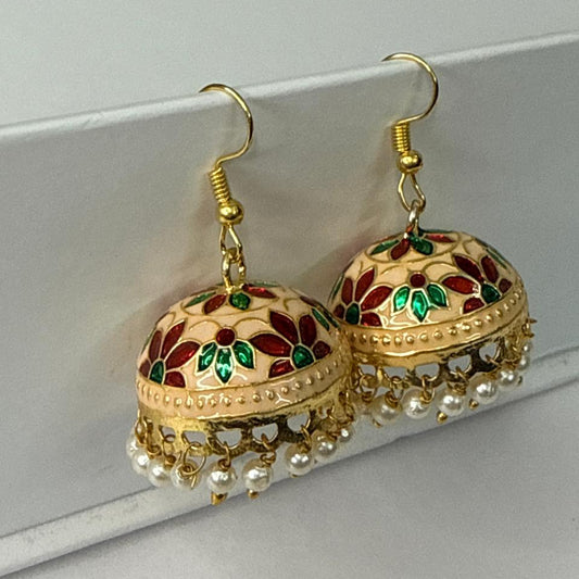 Gold Meenakari Jhumka Earrings with Pearl Dangles