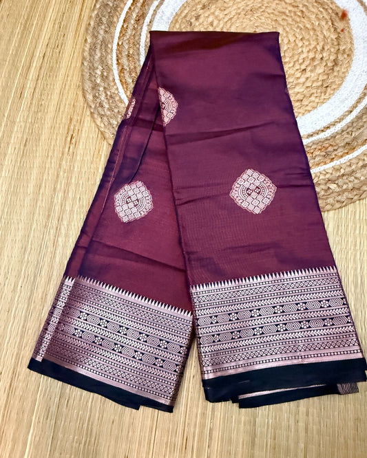 Wine Purple Semi Kanchi Silk Saree with Geometric Butta & Zari Border