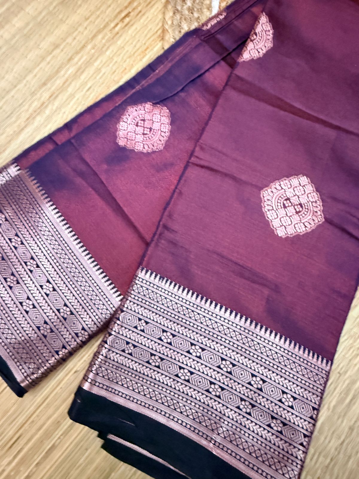 Wine Purple Semi Kanchi Silk Saree with Geometric Butta & Zari Border