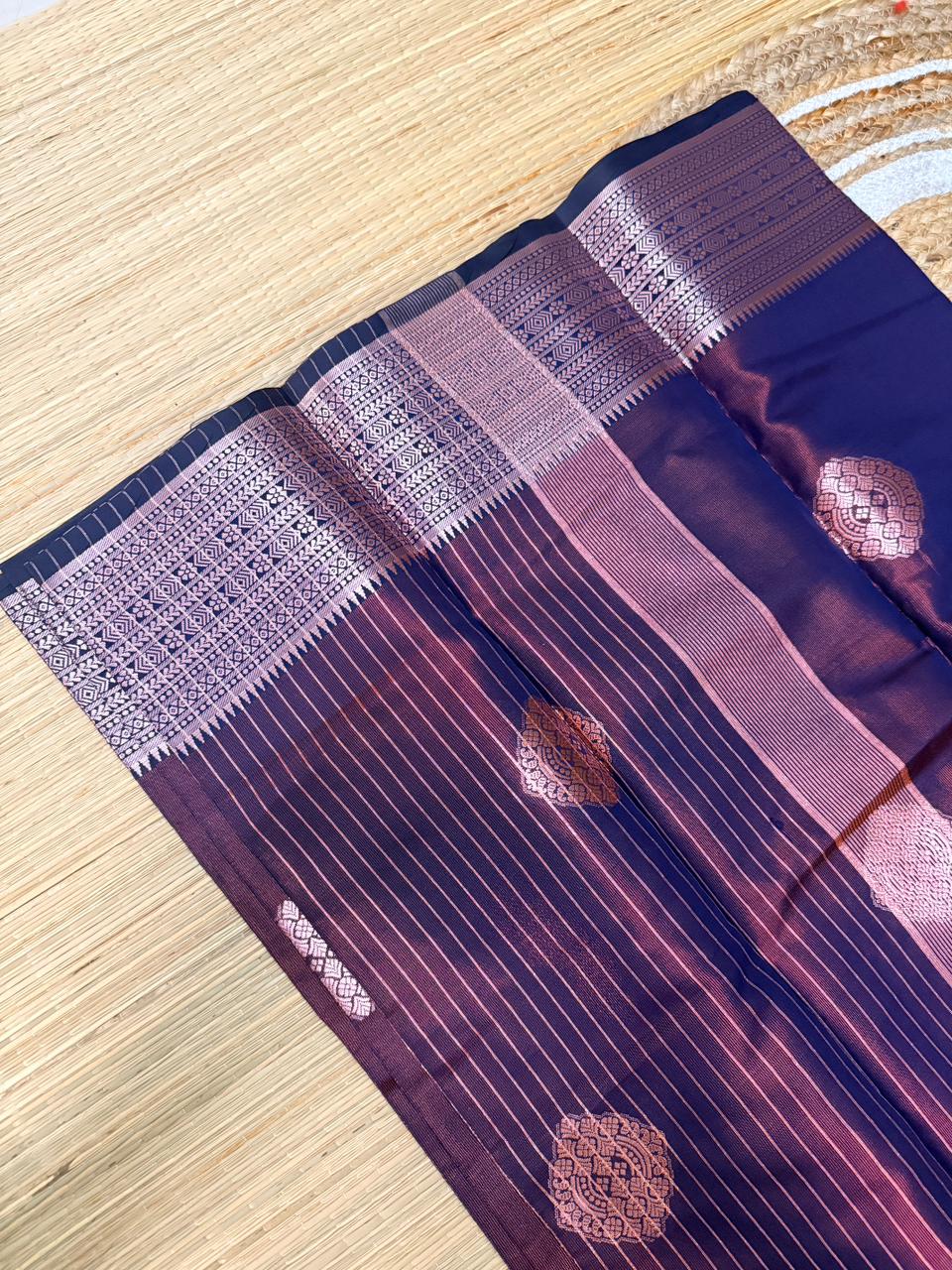 Wine Purple Semi Kanchi Silk Saree with Geometric Butta & Zari Border