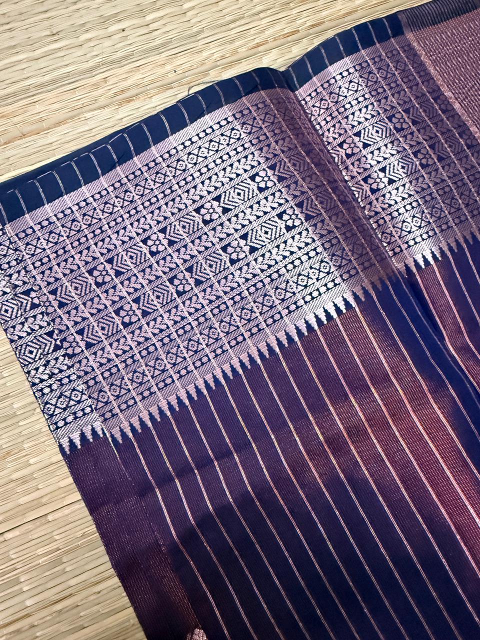 Wine Purple Semi Kanchi Silk Saree with Geometric Butta & Zari Border