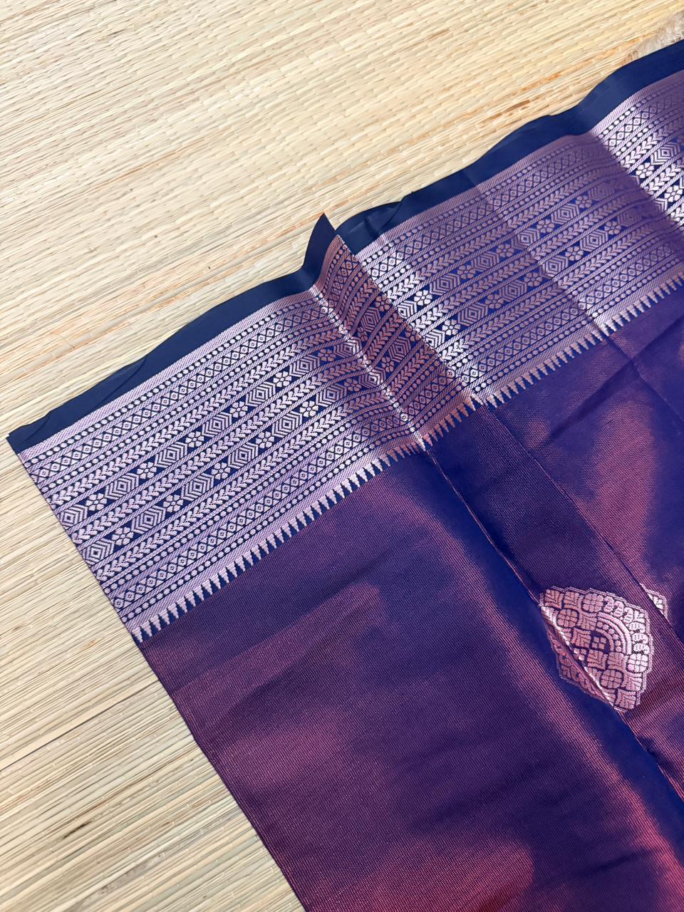 Wine Purple Semi Kanchi Silk Saree with Geometric Butta & Zari Border