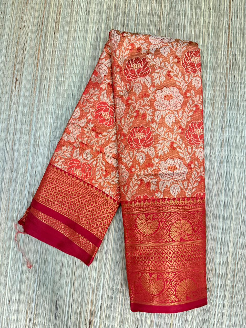 Red & Peach Floral Zari Saree with Diamond Border